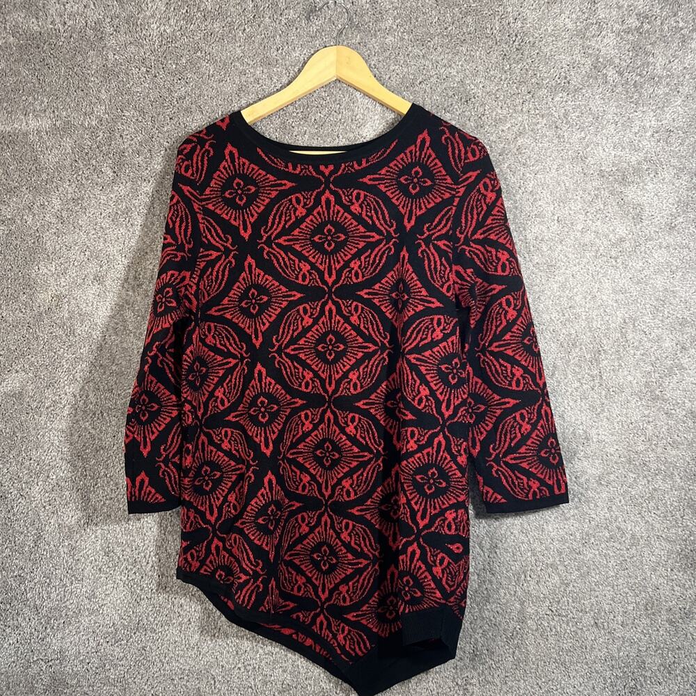 Joan Vass Womens L Red Metallic Print Pullover Sweater 3/4 Sleeve Asymmetrical
